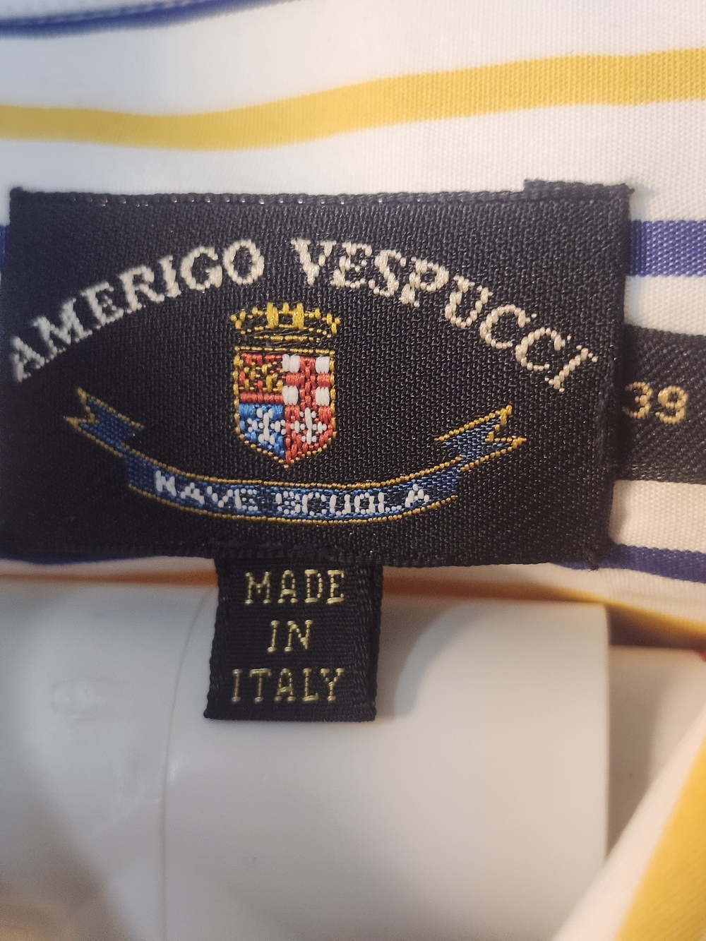 Vtg Amerigo Vespucci Navy School Crest Shirt White/Yellow & Blue Stripes Sz 39